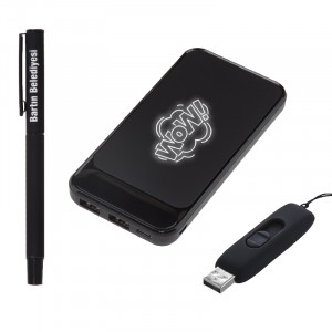 5057 Hediyelik Set - Led işıklı 10.000Mah Powerbank - Led işıklı Usb Bellek Led işıklı Rubber Metal Kalem